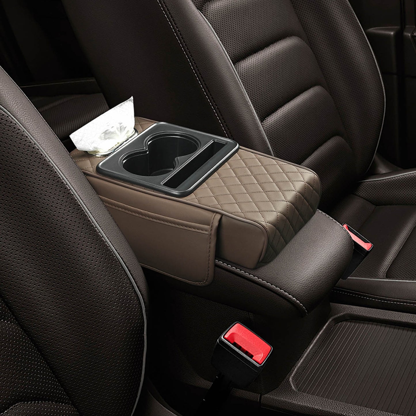 Car Center Console Armrest Pillow, Memory Foam Auto Armrest Box Cover with Cup Holder and Phone Holder, Waterproof Leather Arm Rest Protector Cushion, Car Tissue Box, Interior Car Accessories Coffee