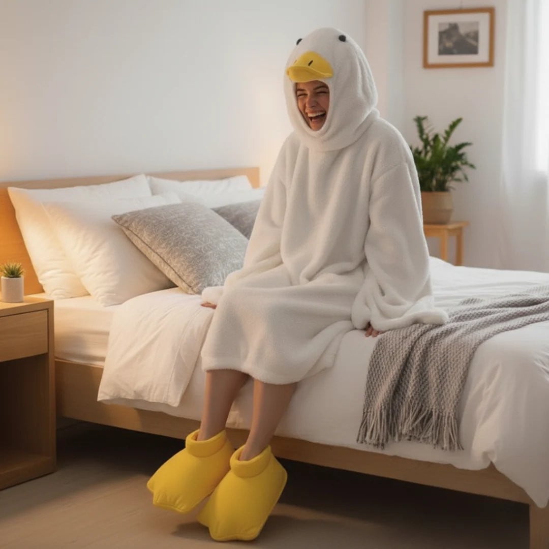 Goose Blanket Hoodie Onesie, Large Warm Wearable Flannel Blankets with Sleeves and Gooses Feet Slippers, for Festival Home Party Holiday Indoor XL White