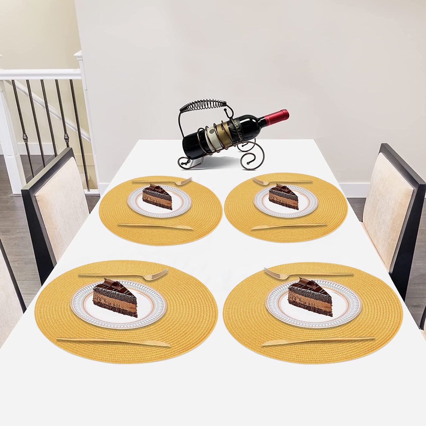 Braided Placemats for Dining Table Set of 6 - Round 15 inch Woven Heat Resistant Non-Slip Kitchen Table Mats, Red Yellow