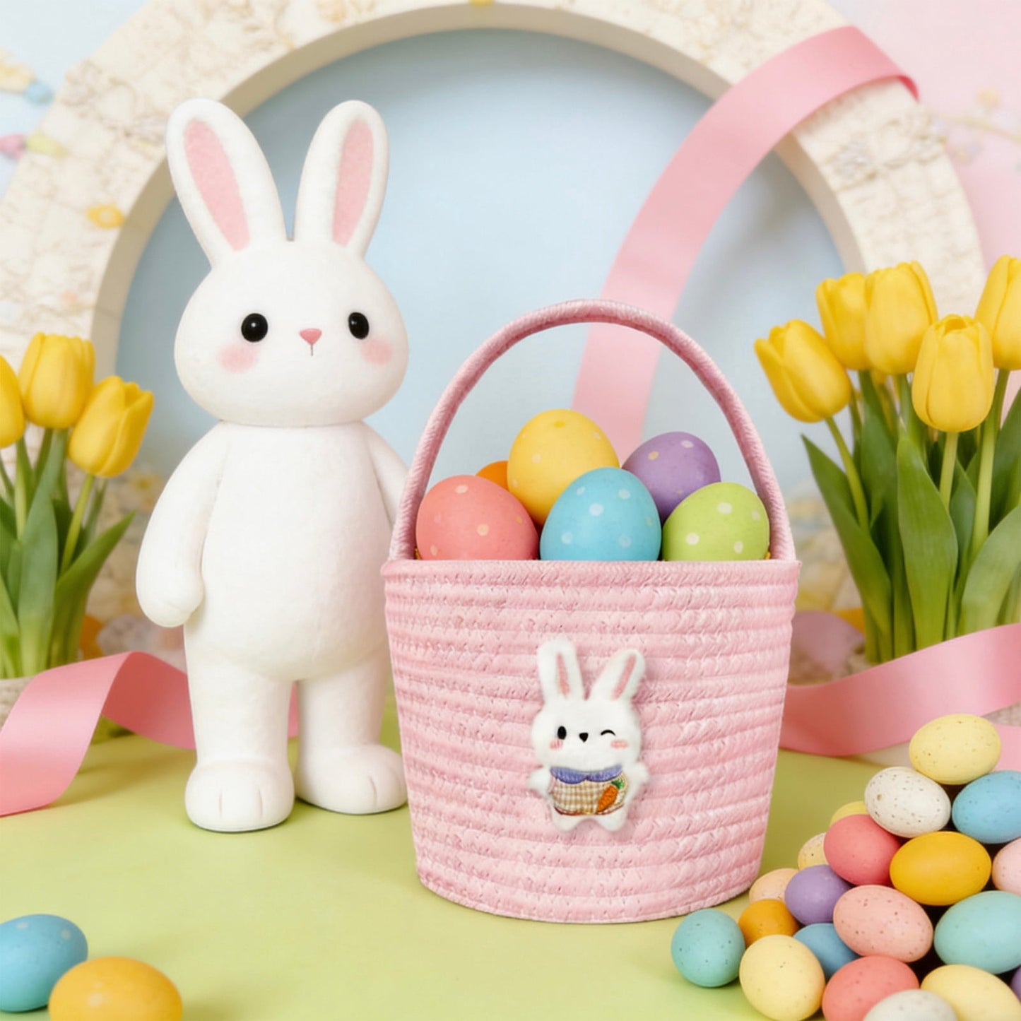 Darzheoy Easter Basket for Boys Girls Easter Bunny Basket with Rabbit Ears, Easter Egg Hunting Basket Easter Baskets for Kids Babies First Easter Gifts E
