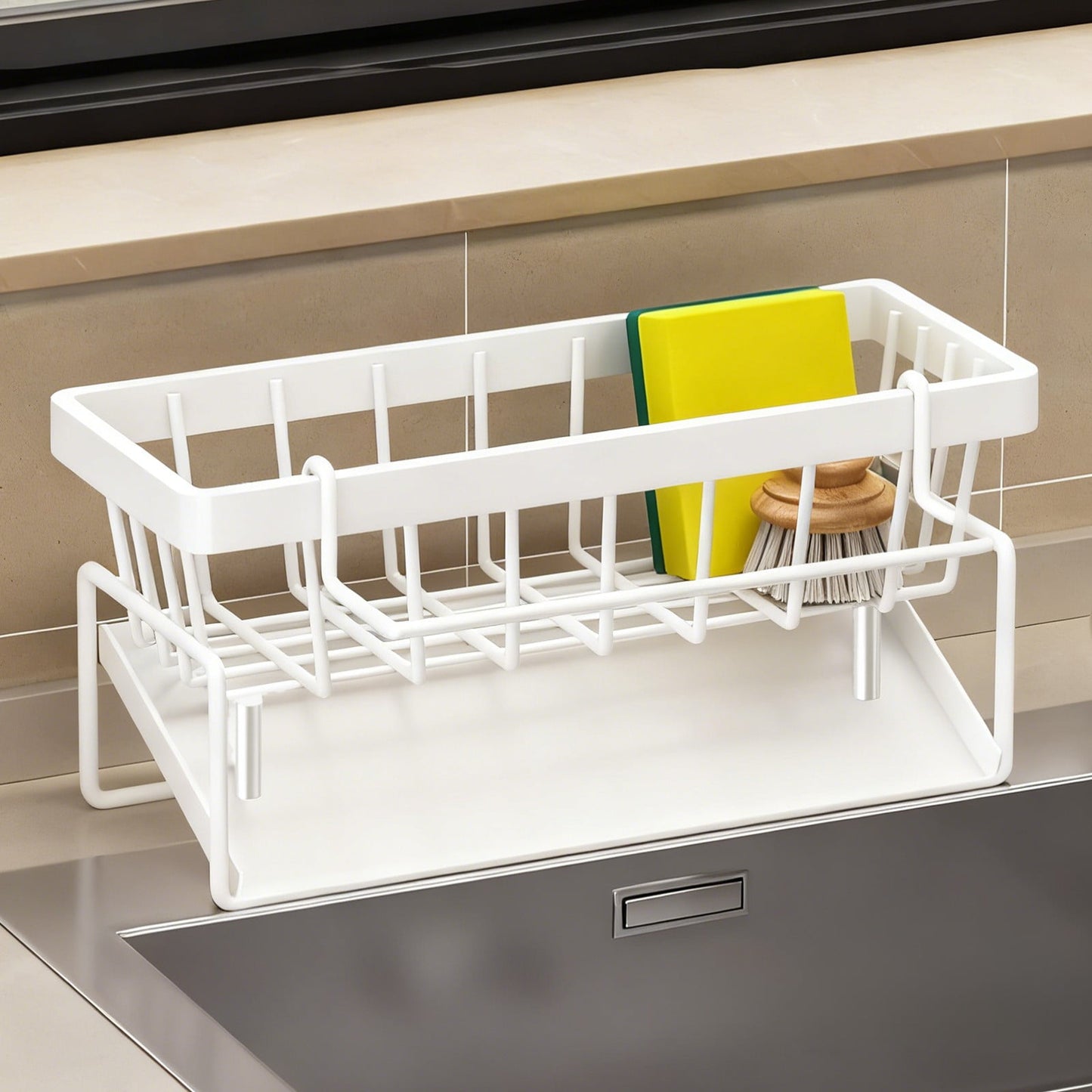 Darzheoy Sponge Holder for Kitchen Sink, Auto Draining Kitchen Sink Caddy, Rustproof Steel Dish Sponge Organizer with Removable Dishcloth Rack, Soap Dispenser Brush Holder X-White