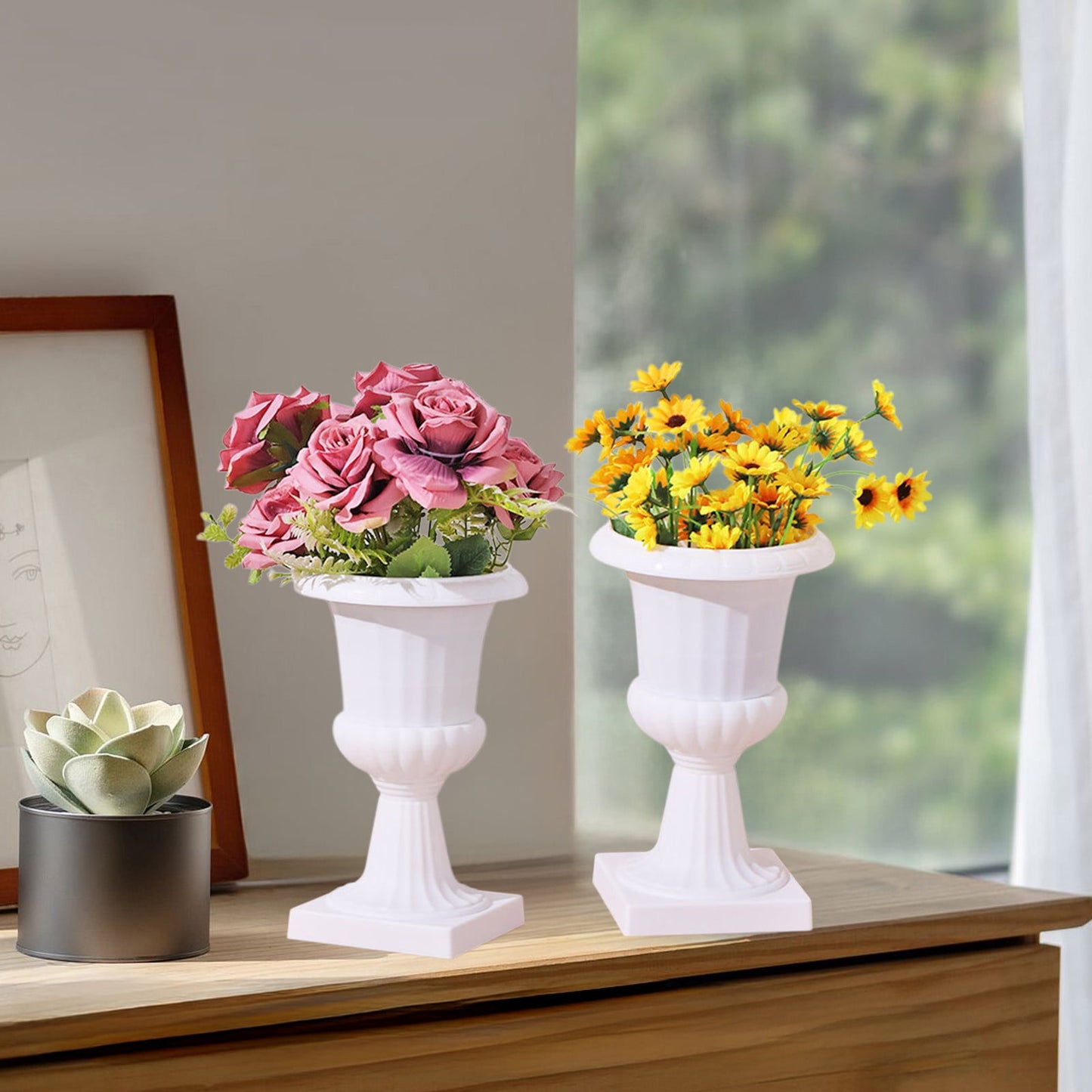Darzheoy White Urn Planter Flower Pots, Classic Plastic Tall Planter, Wedding Party Porch Front Door Decorative 2 Pack B