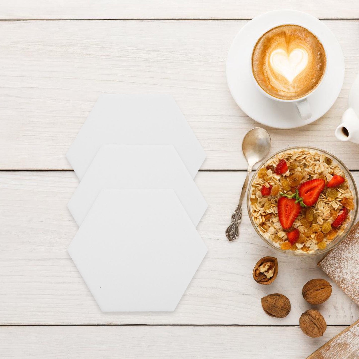 HOOWIFFY 10Set White Ceramic Hexagonal Coasters with Nonslip Heat Resistant Surface for Sublimation