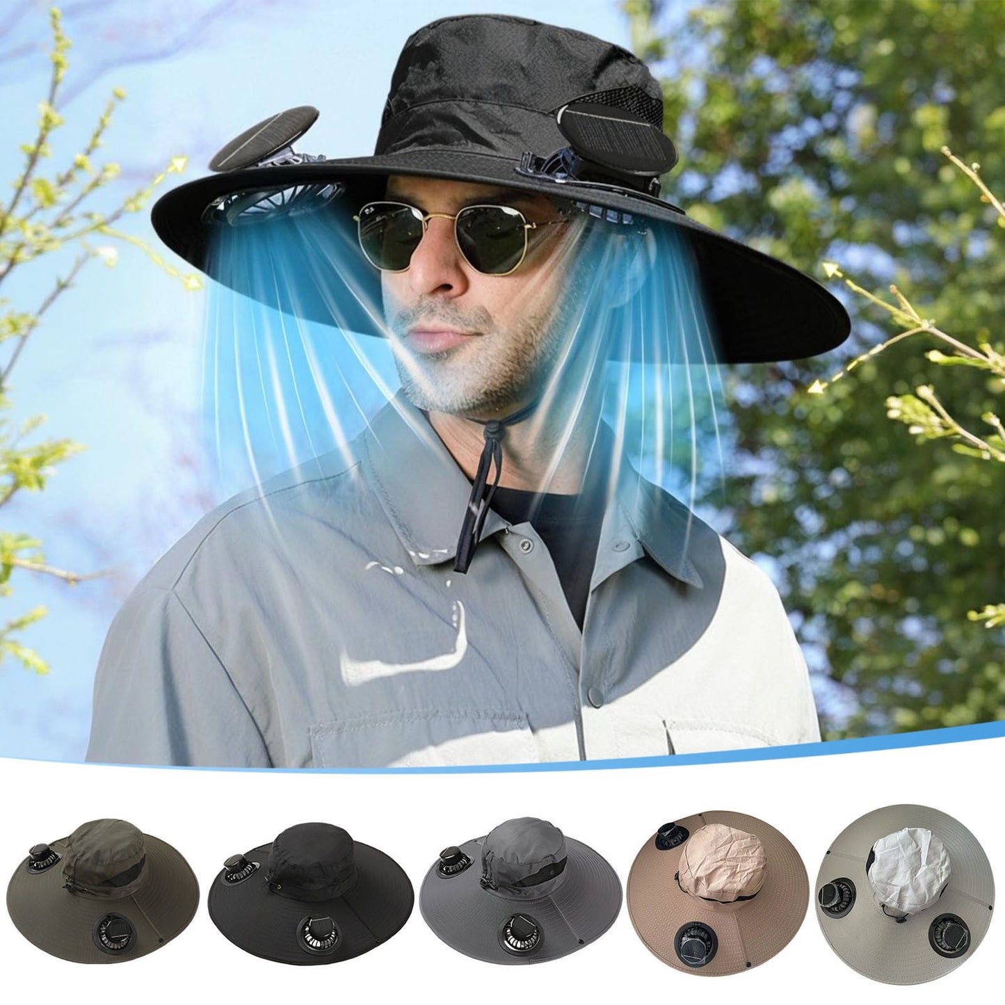 Darzheoy Solar Fan Hat Wide Brim Solar Fan Hat Outdoor Wide Brim Sun Hat with Solar Fan Fishing Hat, Removable & USB Charging Fan C-Black