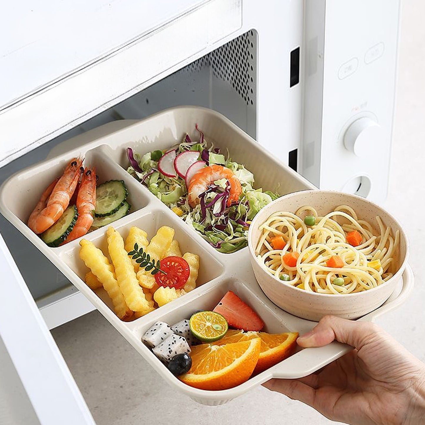 Darzheoy Unbreakable Divided Plates, 5-Compartment Wheat Straw Tray Divided Food Plates Lunch Trays Section Plates for Kids Adults, Microwave Dishwasher Safe, BPA Free Beige