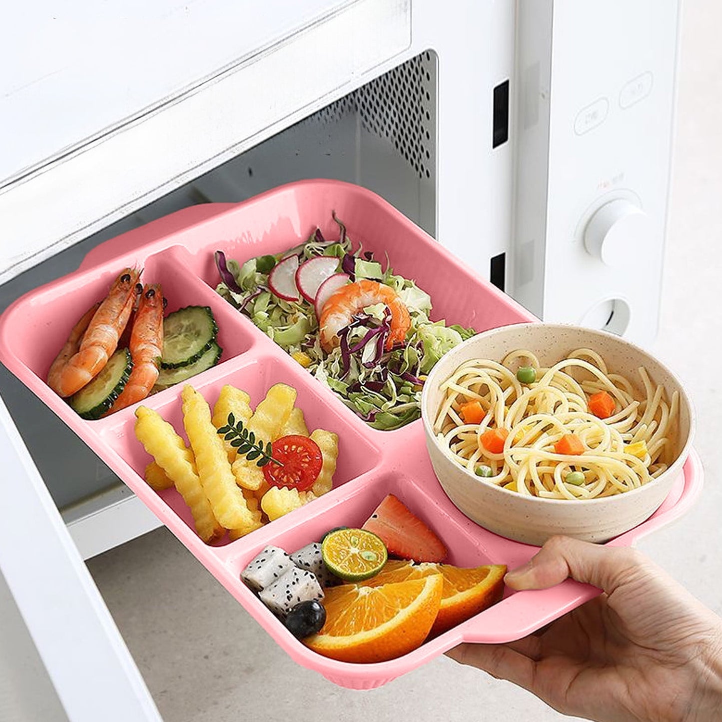 Darzheoy Unbreakable Divided Plates, 5-Compartment Wheat Straw Tray Divided Food Plates Lunch Trays Section Plates for Kids Adults, Microwave Dishwasher Safe, BPA Free Pink