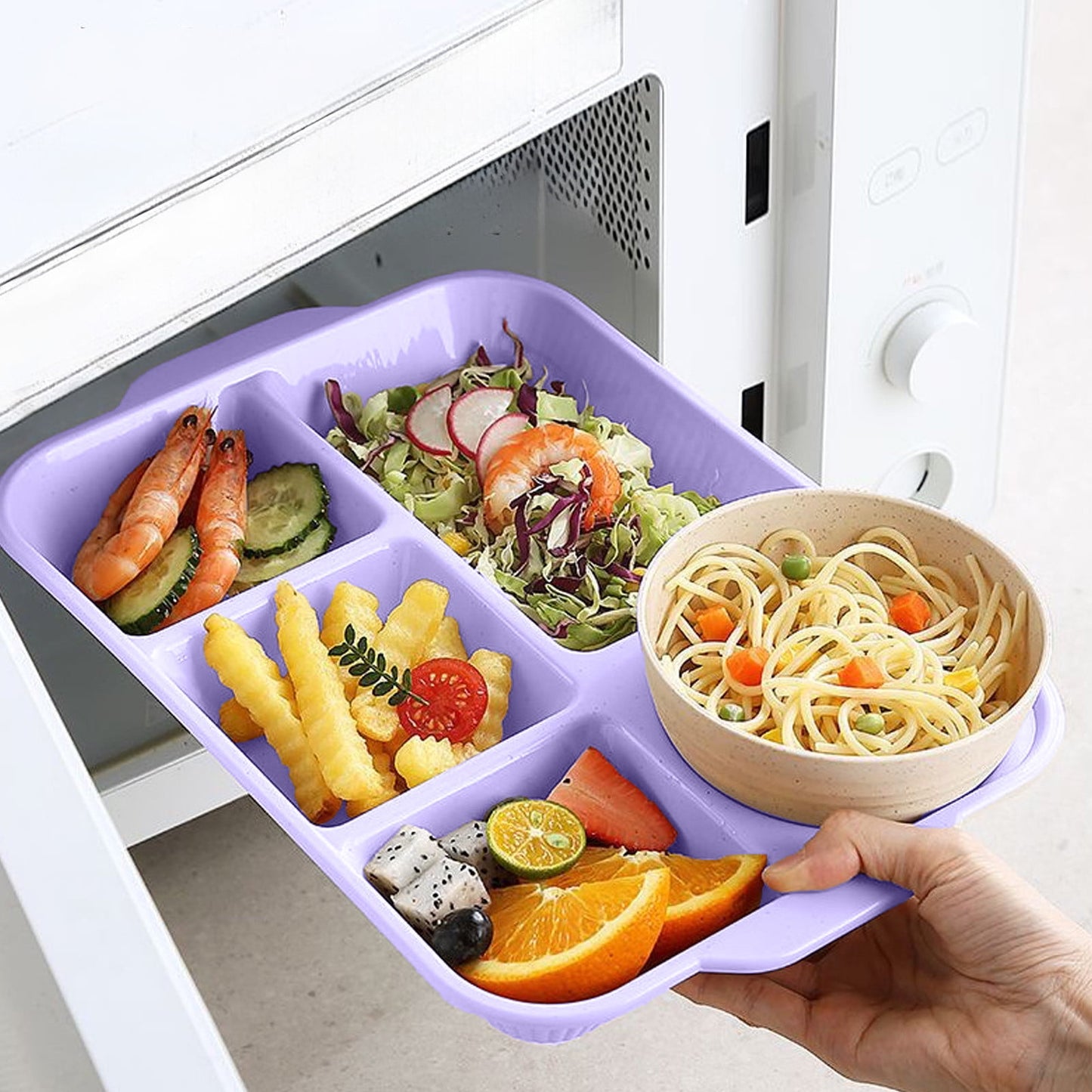 Darzheoy Unbreakable Divided Plates, 5-Compartment Wheat Straw Tray Divided Food Plates Lunch Trays Section Plates for Kids Adults, Microwave Dishwasher Safe, BPA Free Purple