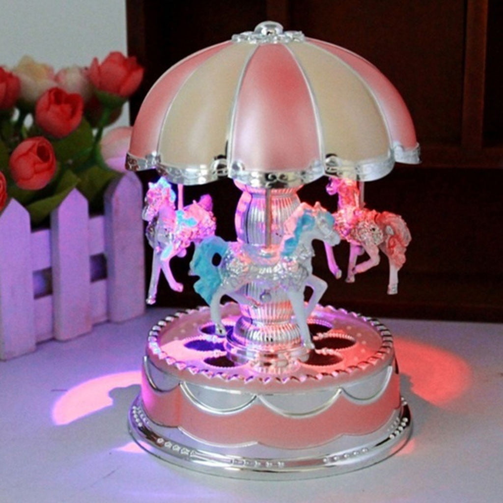 Chmadoxn Music Box Carousel Color Change LED Luminous Light 3-Horse Rotating Windup Musical Gift Melody Castle in The Sky Artware Birthday Gift for Girls Baby Kids Daughter Pink
