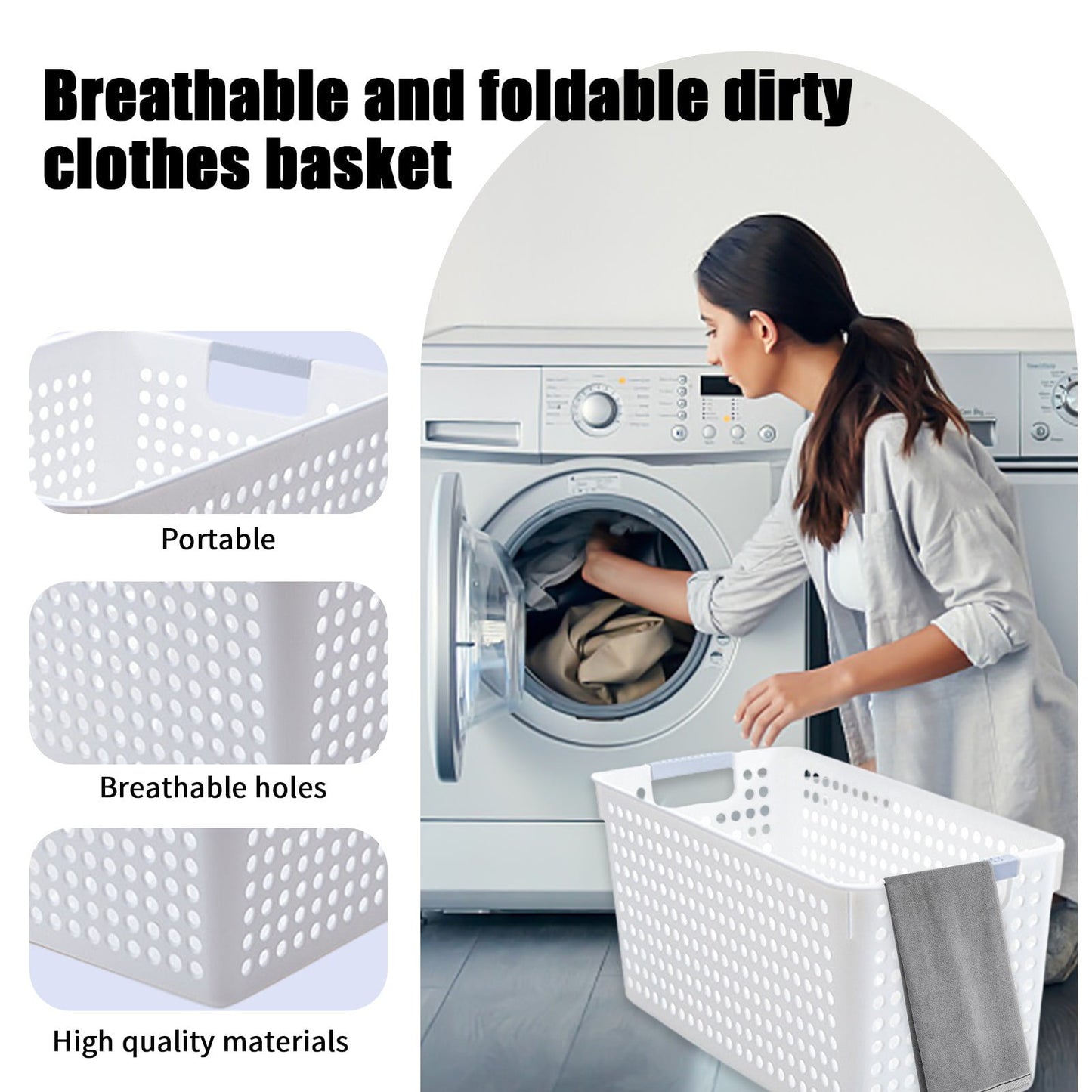 Darzheoy Laundry Basket, 2 pcs Plastic Hamper with Handles, Open Storage Bin to Organize Closets, Cabinets, Pantry, Shelving and Countertop Space, Suitable for Families and Dorms 3PC-White