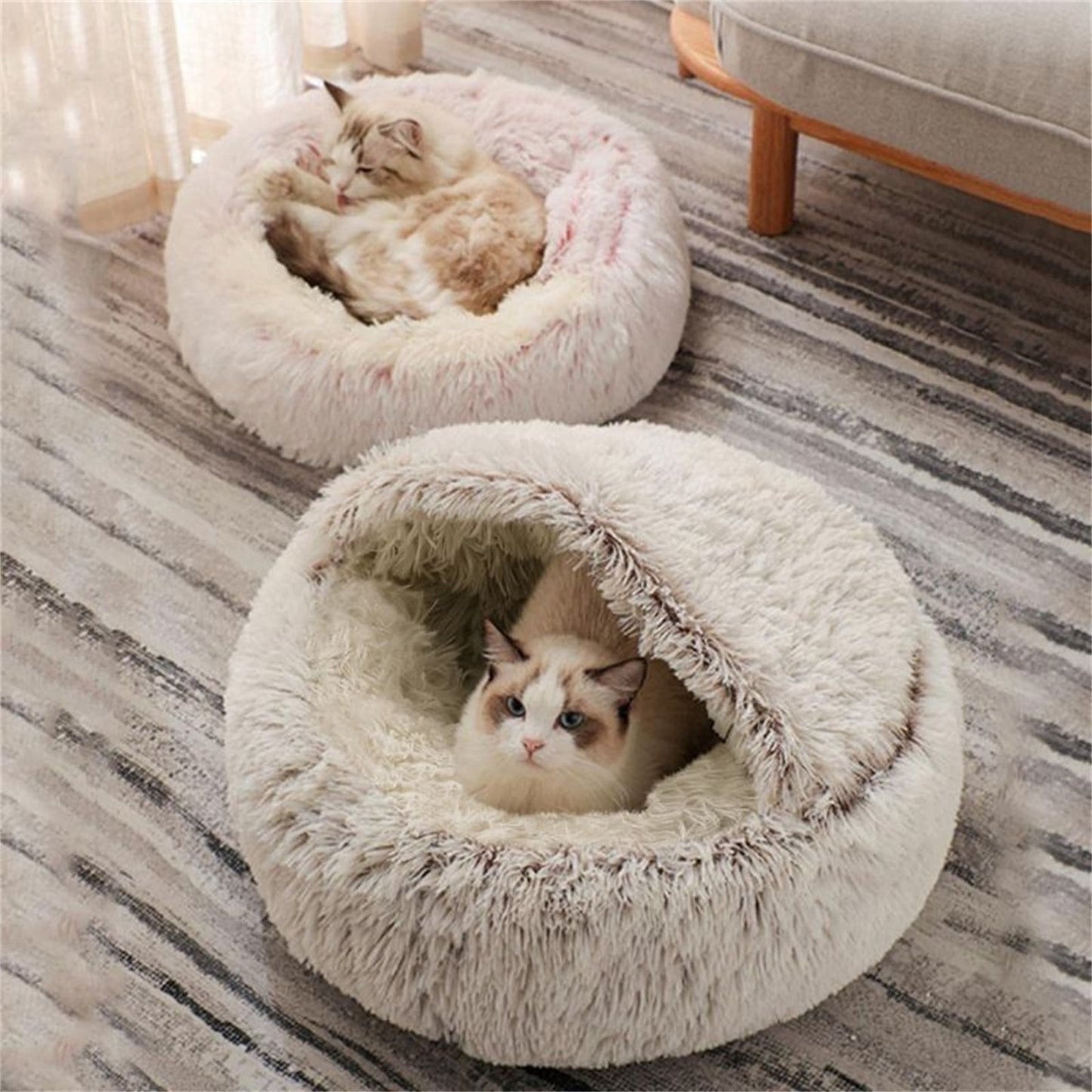 Darzheoy Cat Bed Round Plush Hooded Cat Bed Cave, for Indoor Cats or Small Dog Beds, Calming Pet Beds Calm Anti-nxiety Dog Bed, Waterproof Bottom Washable (16"x16") Coffee