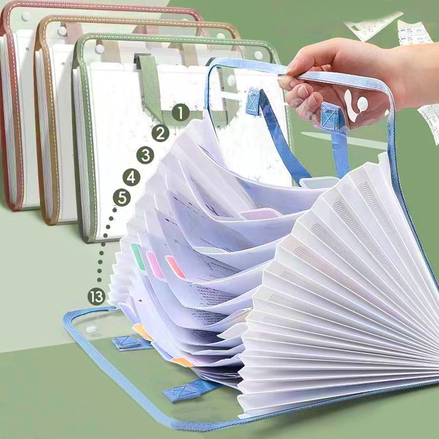 AYktou Expanding File Folder with Handle 13 Compartment Large Capacity File A4 Accordion File Organizer with buttons Portable Transparent and Waterproofing Filing Box for Classroom,Home,Office P-ink,Blue,Green,Khaki