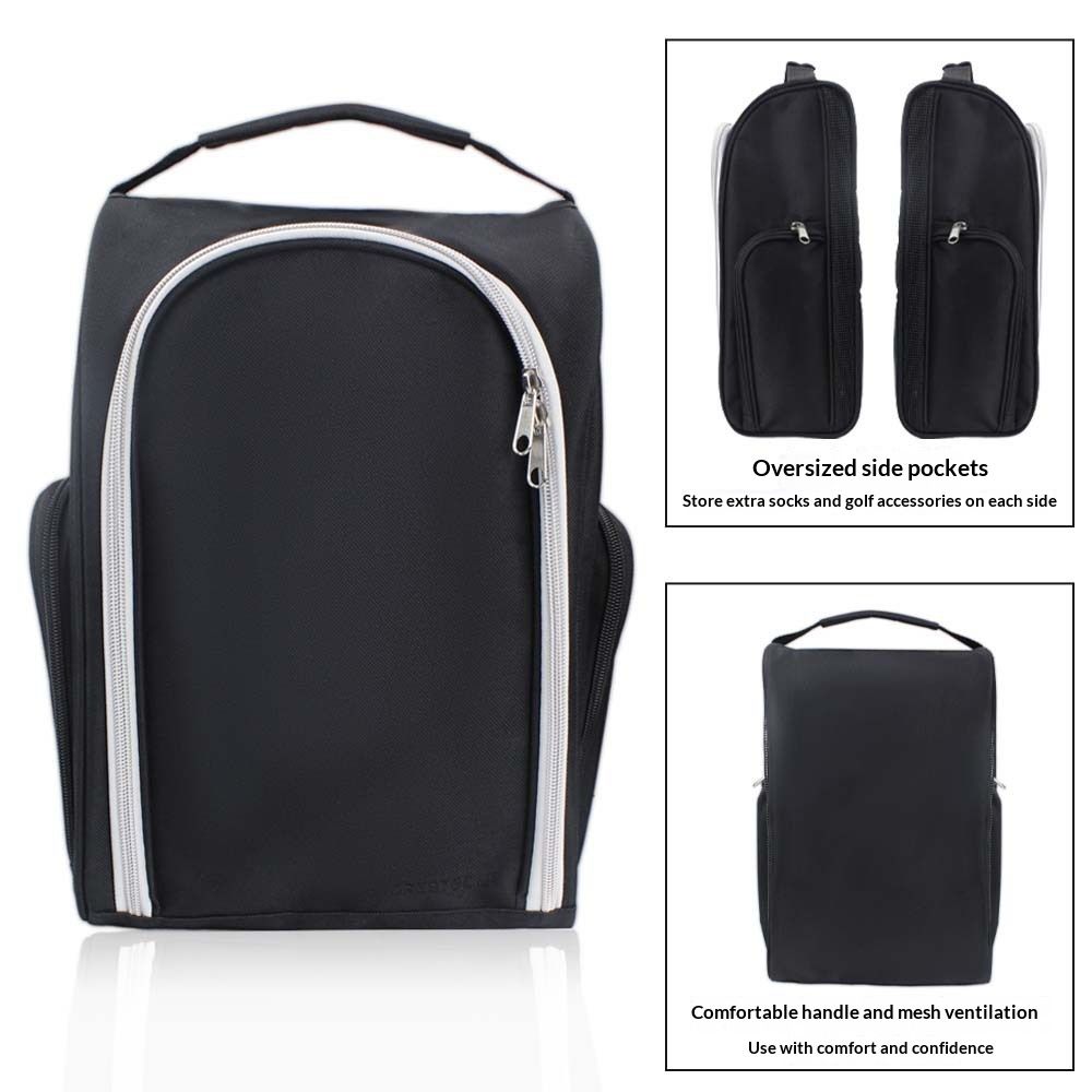 Golf Shoe Bag for Travel Zippered Sport Shoe Carrier Bags with Side Accessory Pockets for Socks, Tees, Golf Balls(Black)