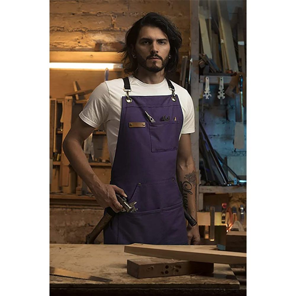 Chef and BBQ Apron - Canvas, Stainless Steel Hardware - Cross Back Straps(Purple, with only one apron)