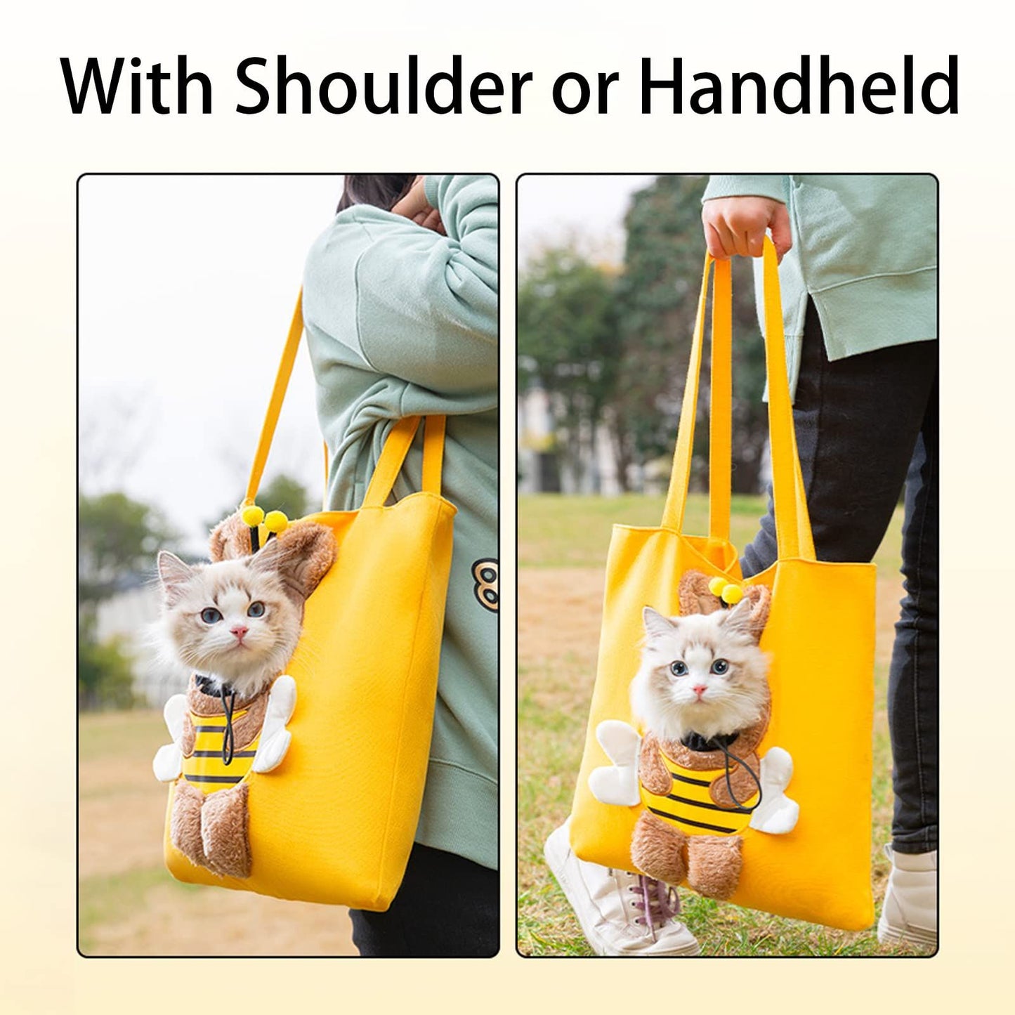 Bee-Shaped Show Head Pet Canvas Shaped Shoulder Bag,Pet Out Bag, Outcrop, Pet Out Shoulder Bag. (Bee-Large)