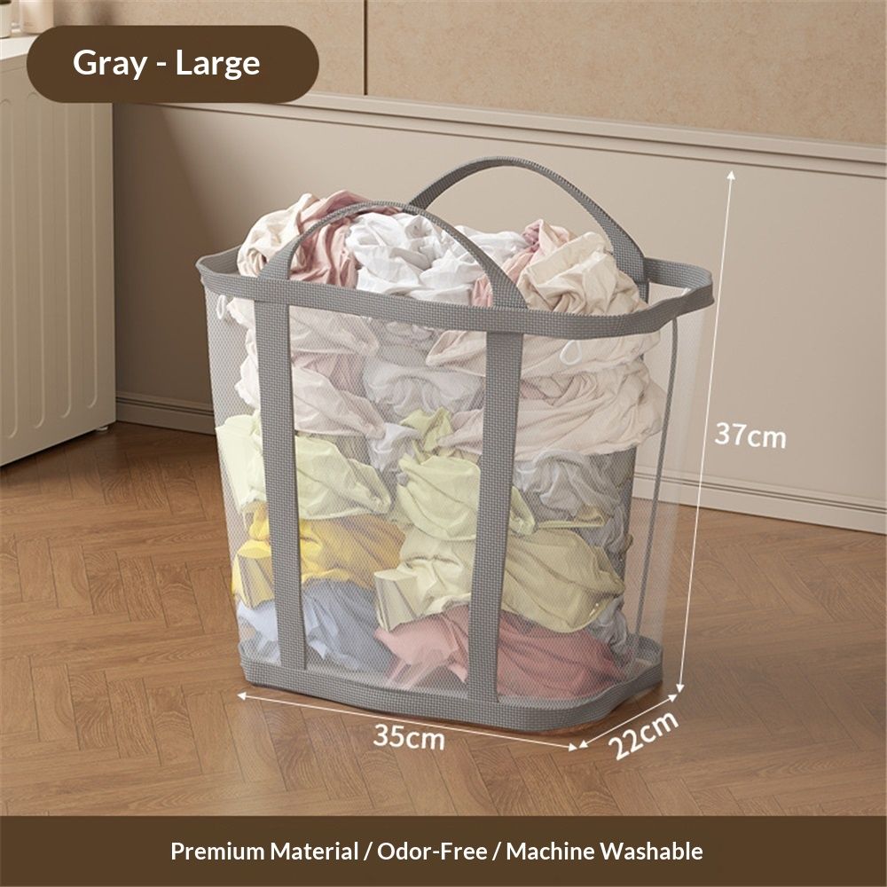 Mesh Bag with Handles, Collapsible Laundry Basket, Foldable Laundry Bag, Breathable Folding Beach Bag,Space-saving Travel Tote Bags (1, Grey)