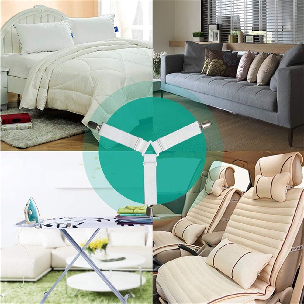 8 pcs Bed Sheet Straps Holders, Adjustable Non Slip Elastic Bedsheet Grippers Triangle Mattress Suspenders, Keep in Place Fitted Bed Sheet Holders for Corners, Mattress Cover Straps White