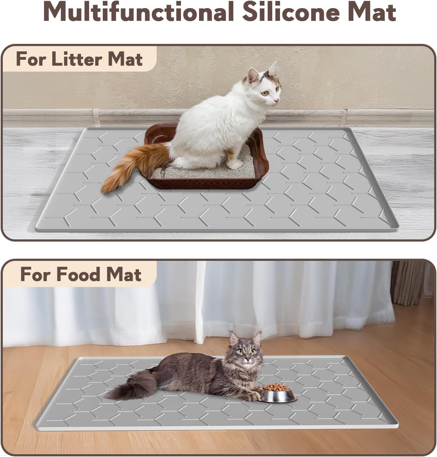 Cat Litter Box Mat, Large 34" X 22" Litter Trapping Mat for Cats, Waterproof Silicone Pad for Floor, Gray