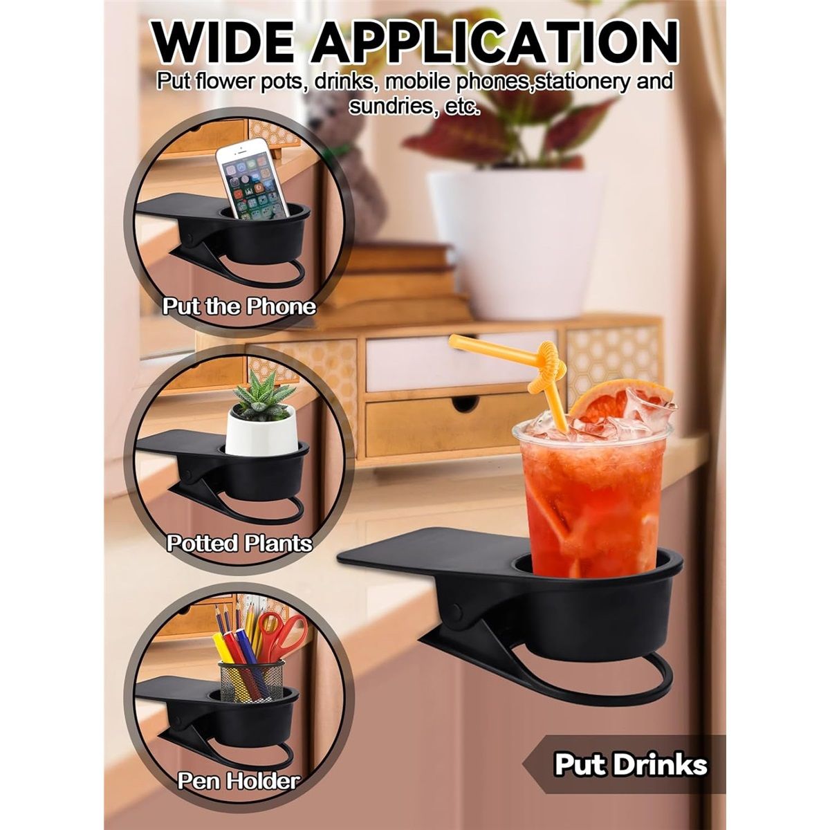 3PCS Drinking Cup Holder Clip, Chair Desk Bottle Cup Stand DIY Glass Clamp Storage Saucer Clip for Potted Plant Beverage Soda Coffee Mug Holder Clip for Home & Office (Black)