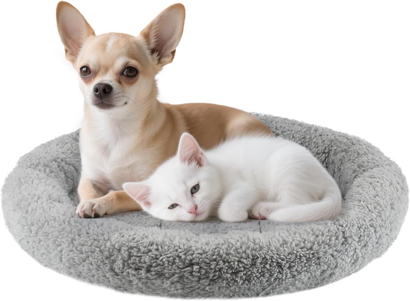 Enjoying Plush Cat Bed Mat Diameter 19.7" Round Pad with Pillow Around for Cats Dogs Relying/Curling Sleep Warm Dog Cushion for Crates, Antiskid Bottom, Large, Gray