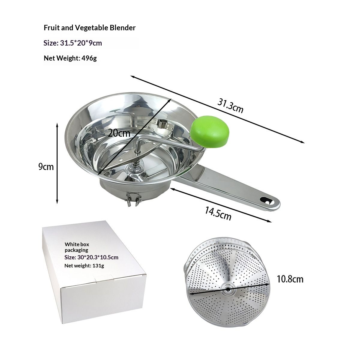 Stainless steel food mixer, vegetable and fruit grinder, vegetable mixer, baby dish cone mashed potato grinder with 3 grinding discs (small size)