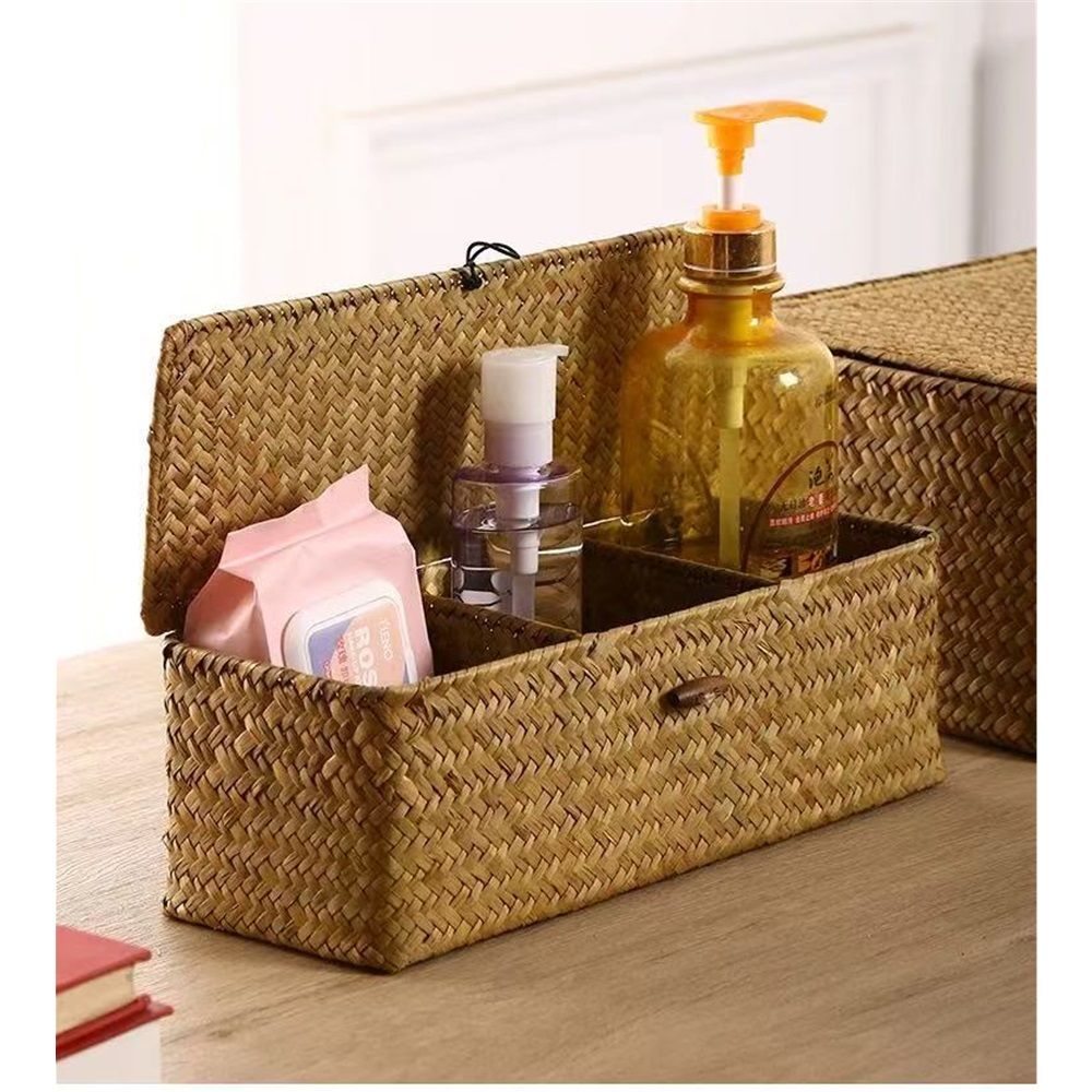Seagrass Storage Basket with Lid Rectangular Small Woven Shelf Baskets with Sections for Organize Snack Toys Tampon(27*10*10.3cm)