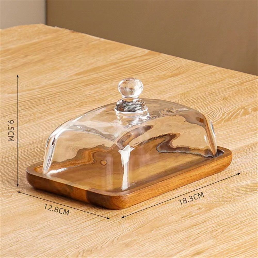 Glass Butter Dish with Lid, Clear Domed Cheese Dish with Handle, Large Butter Keeper Saver with Cover for Table, Kitchen Countertop, Refrigerator(Acacia wood+lid)