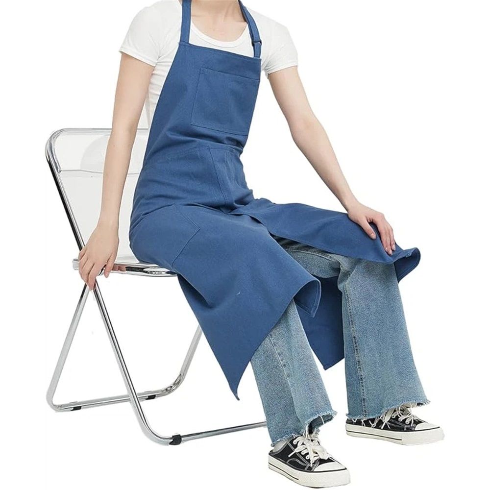 Hanging neck canvas apron long style Pottery Apron with Split Leg, Long Unisex Artist Aprons with 3 Pockets for Ceramics & Clay( Blue)