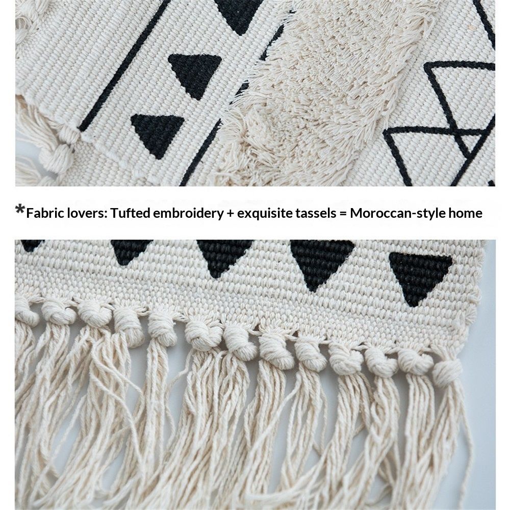 Bohemian Rugs- Cotton Braided Black and White Rug Decorative Hand Woven Front Porch Doormat with Tassel(Black and white tassel)