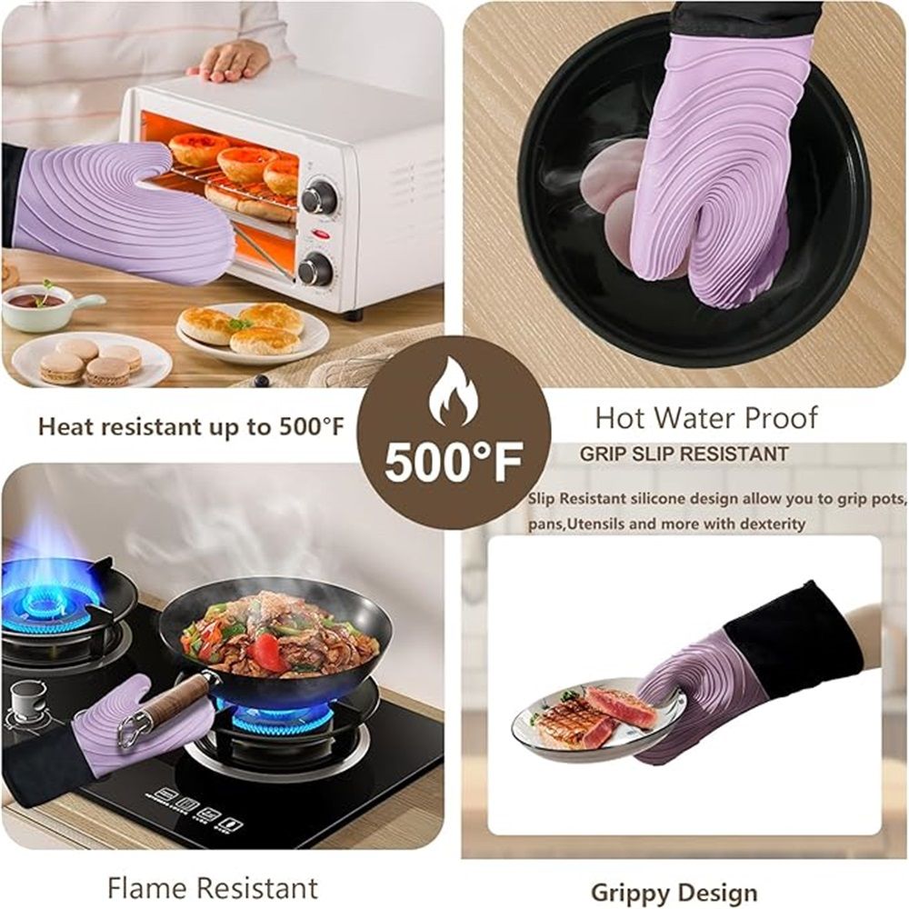 A pair of Silicone Oven Mitts- Extended Oven Mitts Heat Resistant , Oven Gloves with Soft Liner Good to Clean Flexible-Oven Mits Set for Cooking Baking Grilling BBQ(Flat threaded gloves purple)