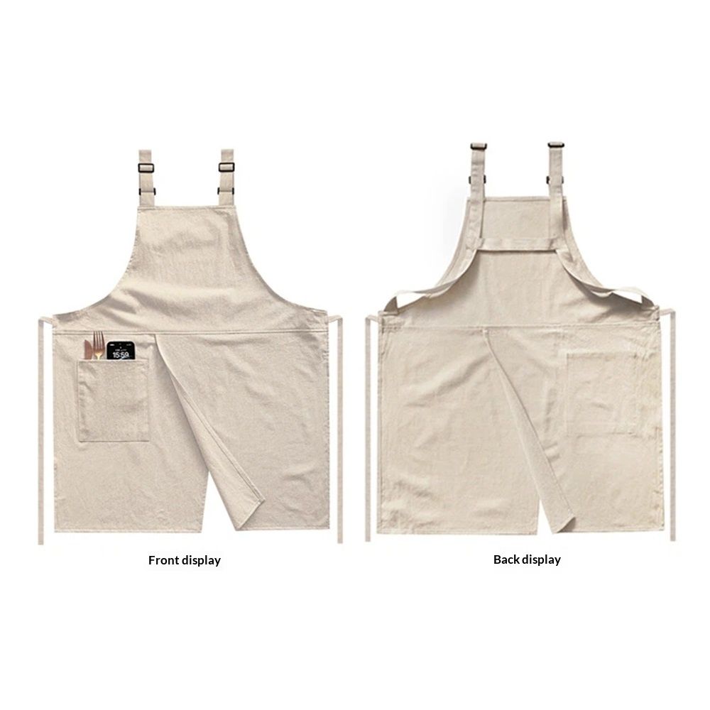 Cotton and linen double shoulder apron, suitable for home kitchen, catering, baking, workwear, cover with pockets, suitable for both men and women (beige)