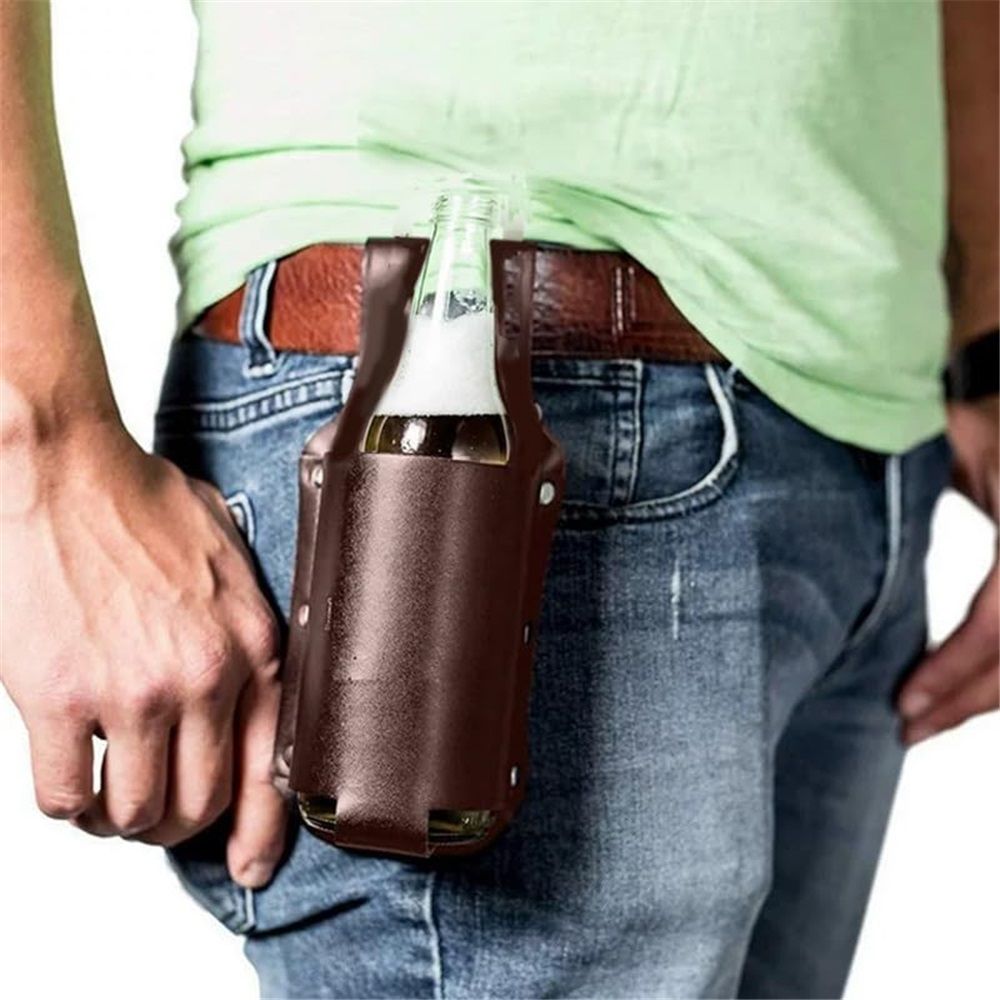 2 pack Beer Holster Classic - Leather, Beer Belt Climbing Beverage Holster Holder Portable(black + brown)