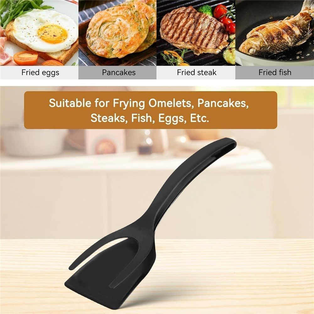 2 pack Kitchen Cooking Spatula, 2 in 1 Egg Silicone Fried Egg Grip Flip Tongs Double Sided Turner Multi Purpose Non stick Kitchen Shovel for Bread Fish Pancake Toast(black)