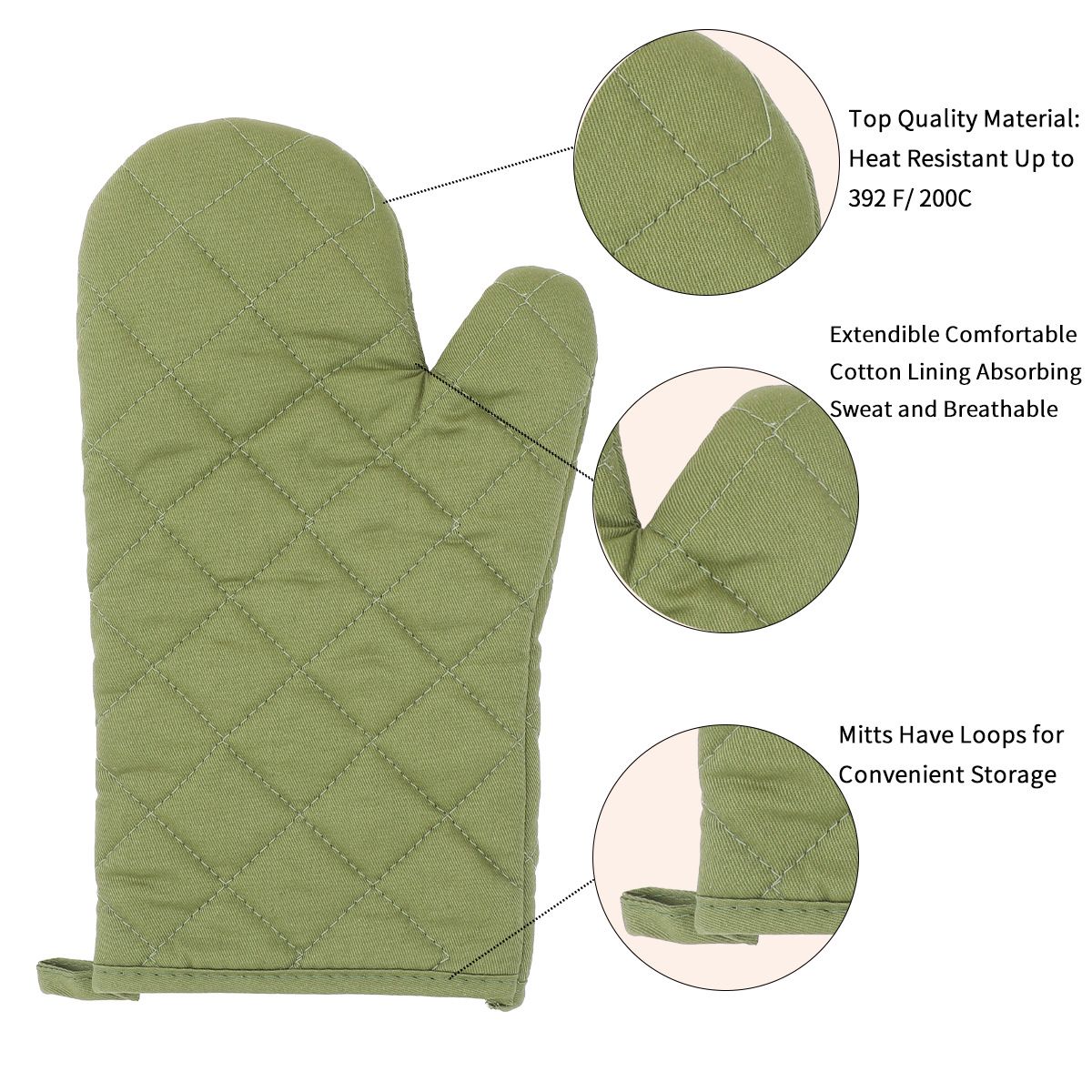 Oven Mitts and Pot Holders 4 pcs Set,High Heat Resistant 500 Degree Extra Thicken Long Kitchen Cotton Oven Glove for Cooking (11.8 Inch,Green)