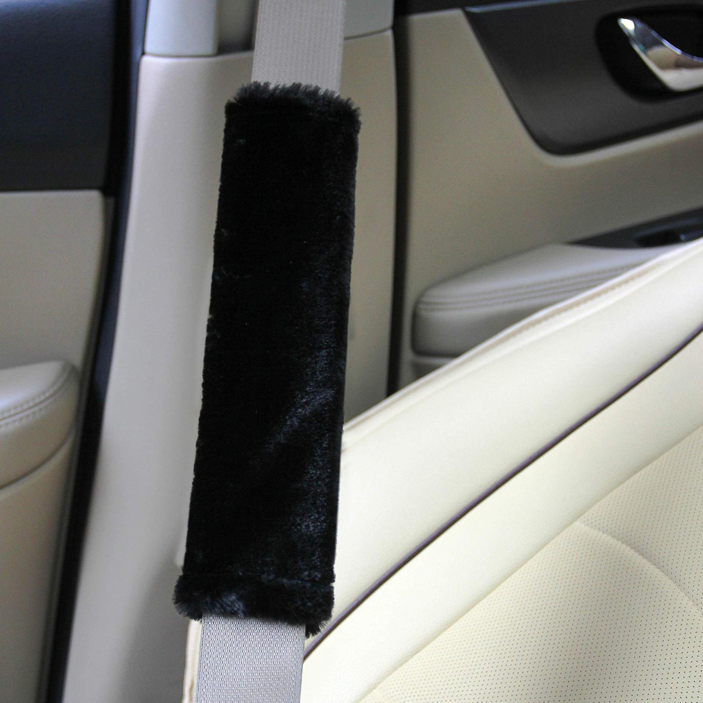 2 pcs soft artificial fur universal fit seat belt covers, car and aircraft seat belt shoulder pads, camera backpack shoulder pads (black)