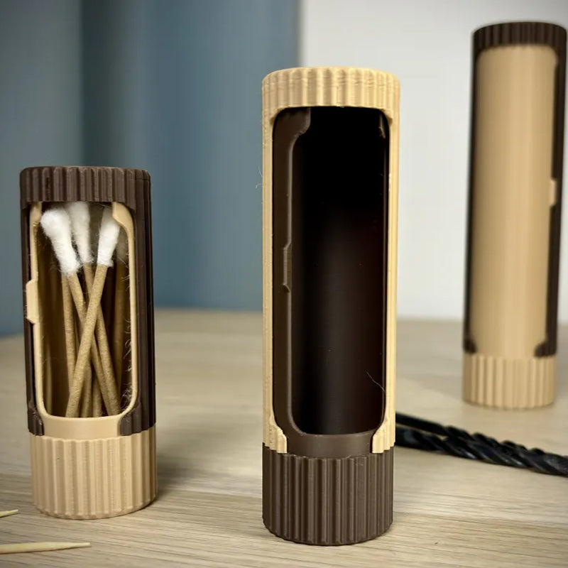 Compact 3D-printed rotating organizer capsule, 1.3 inches long x 4.1 inches high.