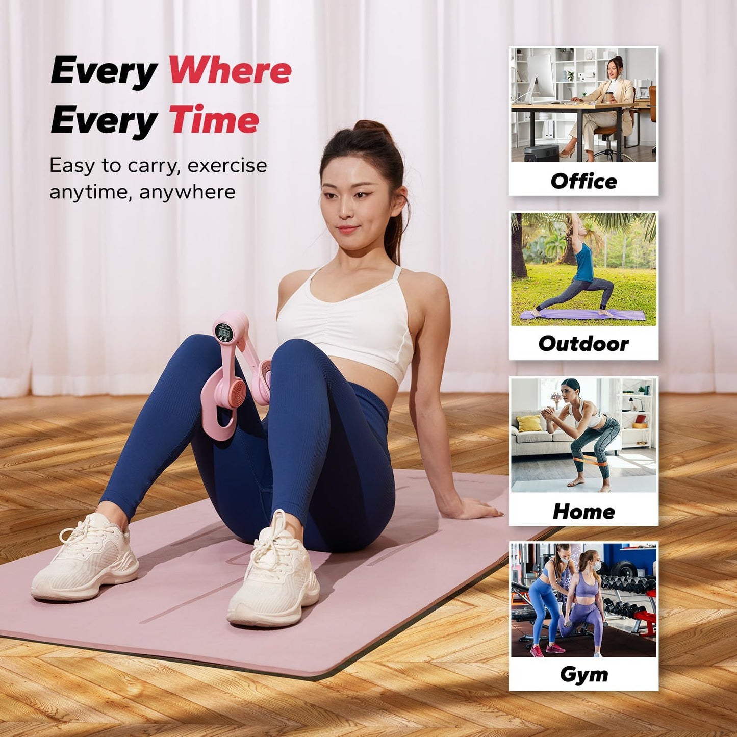 Pink Thigh Trainer for Women, Multi-Function Pelvic Floor Exercise Equipment with Digital Display, Timer, Counter & Calorie Tracking, Inner Thigh Exerciser for Hip, Leg and Butt Toning