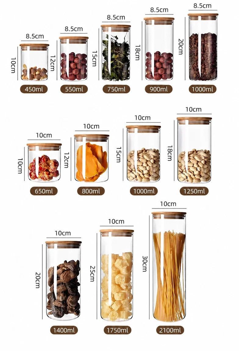 Airtight Glass Kitchen Canister With Bamboo Lid, Moisture Proof Food Storage Jar, 6.5cm*12cm, 300ml, Premium Kitchen Accessory Gift