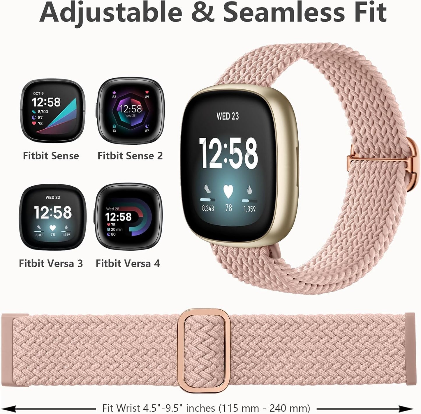 Elastic Braided Nylon Sport Strap for Fitbit Versa - Compatible Straps (Sense/Sense 2)