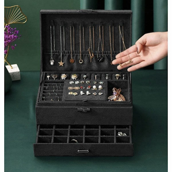 Black Jewelry Box with Key Lock and Multiple Compartments Black—yux