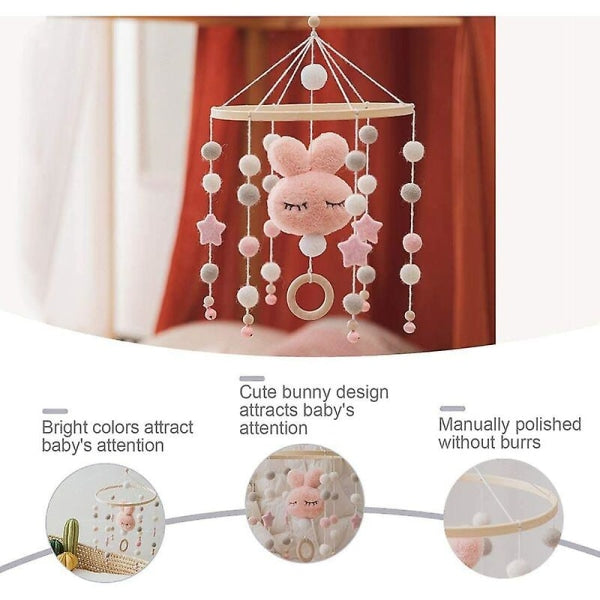 Baby with Felt Ball Hanging Nursery Rabbit Wind Chime Crib Mobile (White)