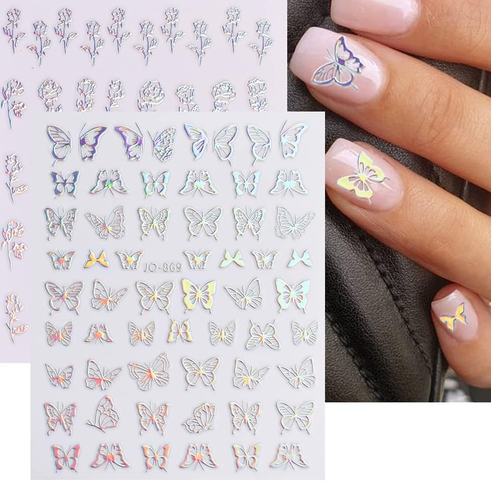 Sheets Aurora Nail Stickers 3D Holographic Laser Heart Star Moon Flame Flower Butterfly Nail Decals Self-adhesive Nail