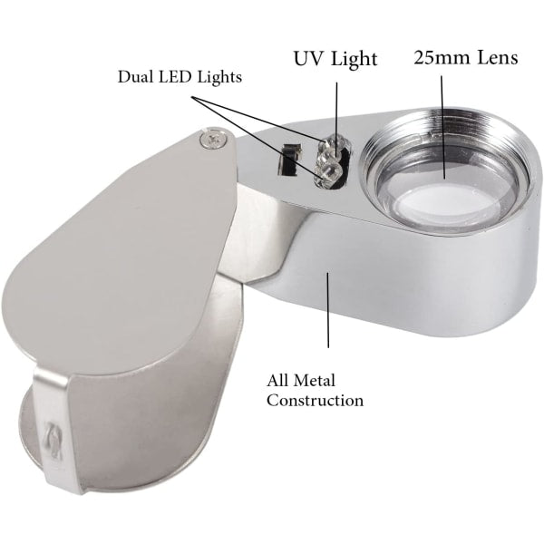 Jewelers Loupe 40X Magnification Metal Foldable Loupe with LED & UV Light