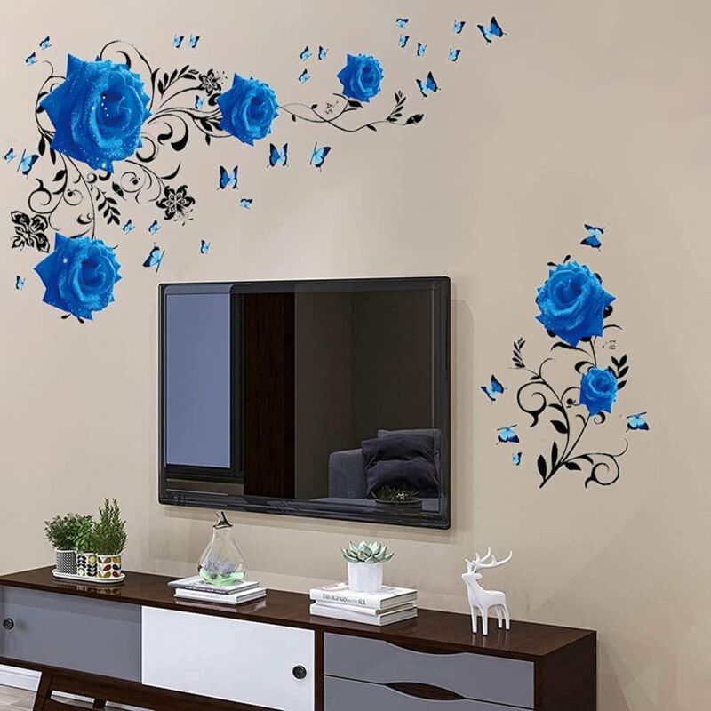 Wall Decal, Blue Rose Wall Stickers Blue Peony Floral Wall Decor Vinyl Wall Art for Bedroom TV Wall Decor