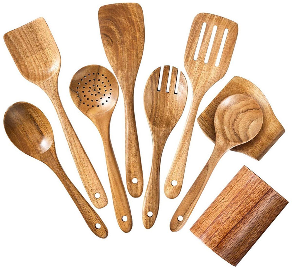 9 Piece Wooden Cooking Utensil Set, Heat Resistant Non Scratch Spoons And Spatulas With Holder, For Nonstick Cookware Kitchen, Yellow Brown