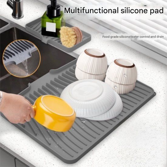 Silicone Dish Drying Mat With Built In Drain, Non Slip Heat Resistant Drainer For Kitchen Countertop, Black, 40 x 33 cm