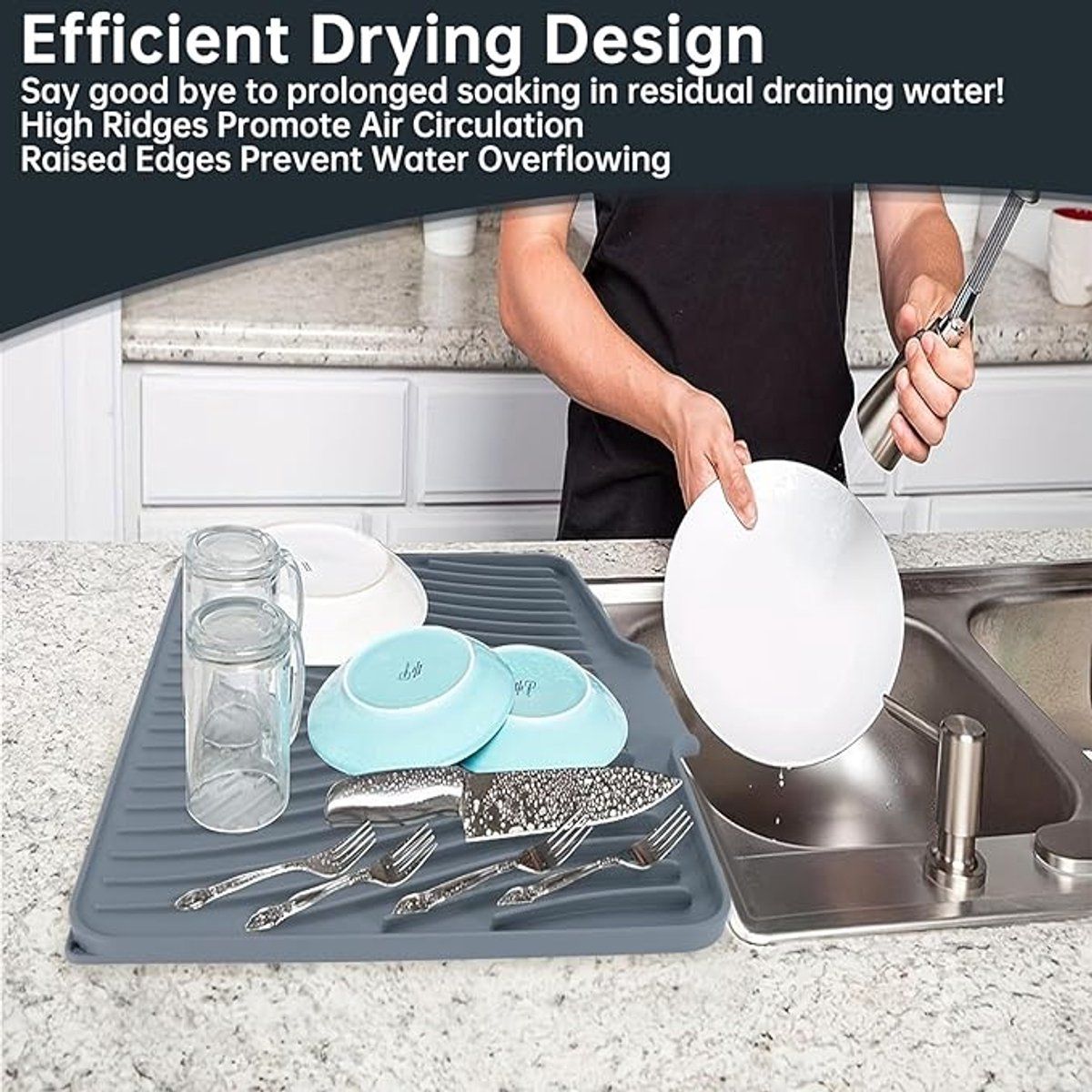 Silicone Dish Drying Mat With Drain, Non Slip Heat Resistant Foldable Countertop Sink Drainer Pad For Kitchen, Gray, 40 x 33 cm