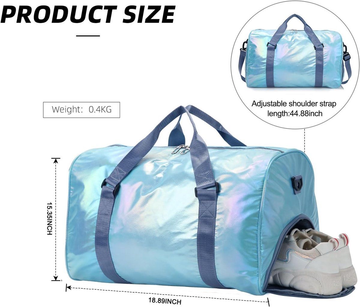 Waterproof Polyester Gym Duffle Bag With Shoe Compartment And Wet Dry Pocket For Women Travel Fitness Swimming Blue, 48 x 26 x 39 cm