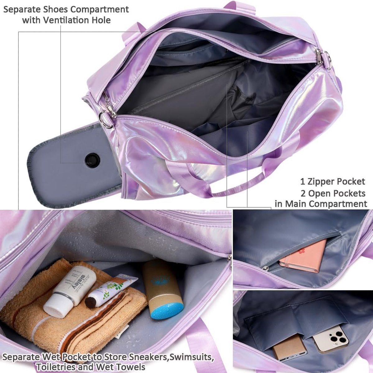 Womens Sports Gym Duffle Bag With Shoe Compartment And Wet Dry Pocket, Polyester Travel Weekend Bag For Fitness Swimming, Purple, 48 x 26 x 39 cm