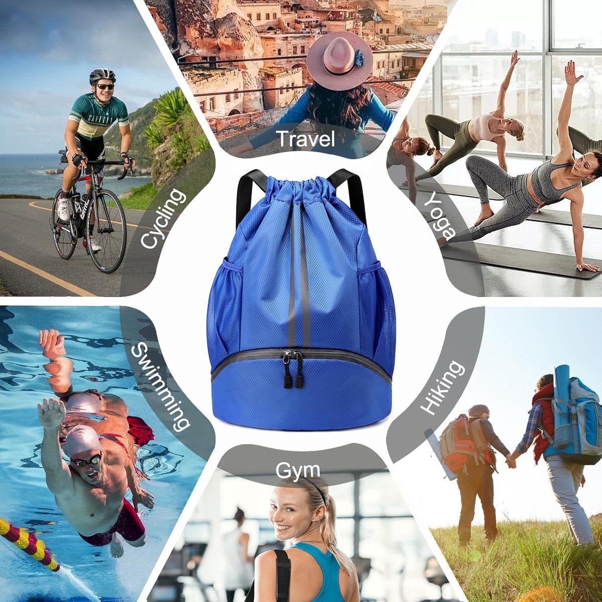 Drawstring Gym Backpack, Water Resistant Oxford Cloth Sports Bag With Shoe Compartment And Wet Pocket, For Swimming And Workout, Blue