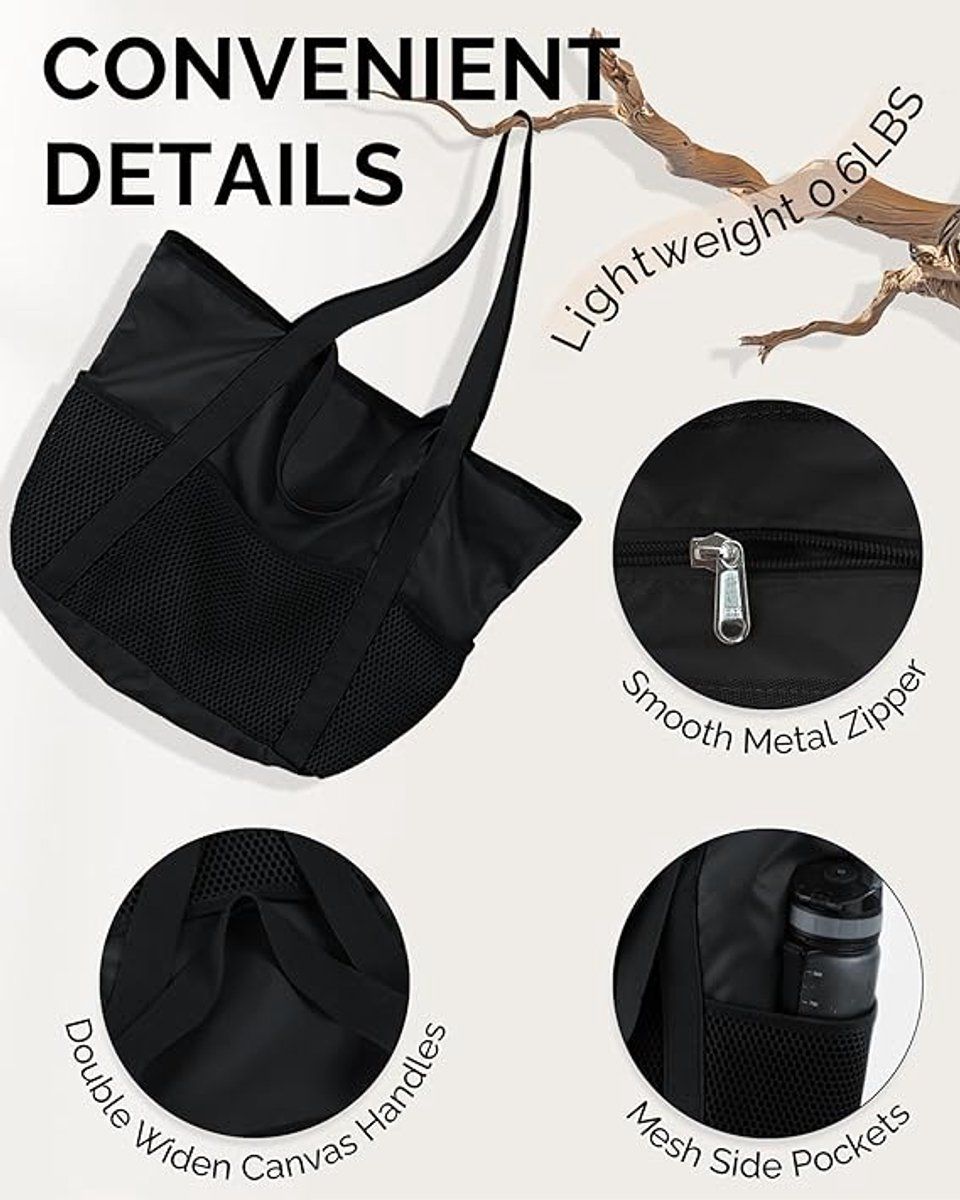Large Beach Tote Bag With Zipper, Foldable Waterproof Memory Fabric, 7 Compartments For Family Travel Swimming Vacation, XXL Black, 52 x 36 x 17 cm